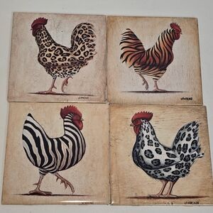 Rooster Print Ceramic Plaque Folk Art Trivet Colorful by J. Wiens Set of 4